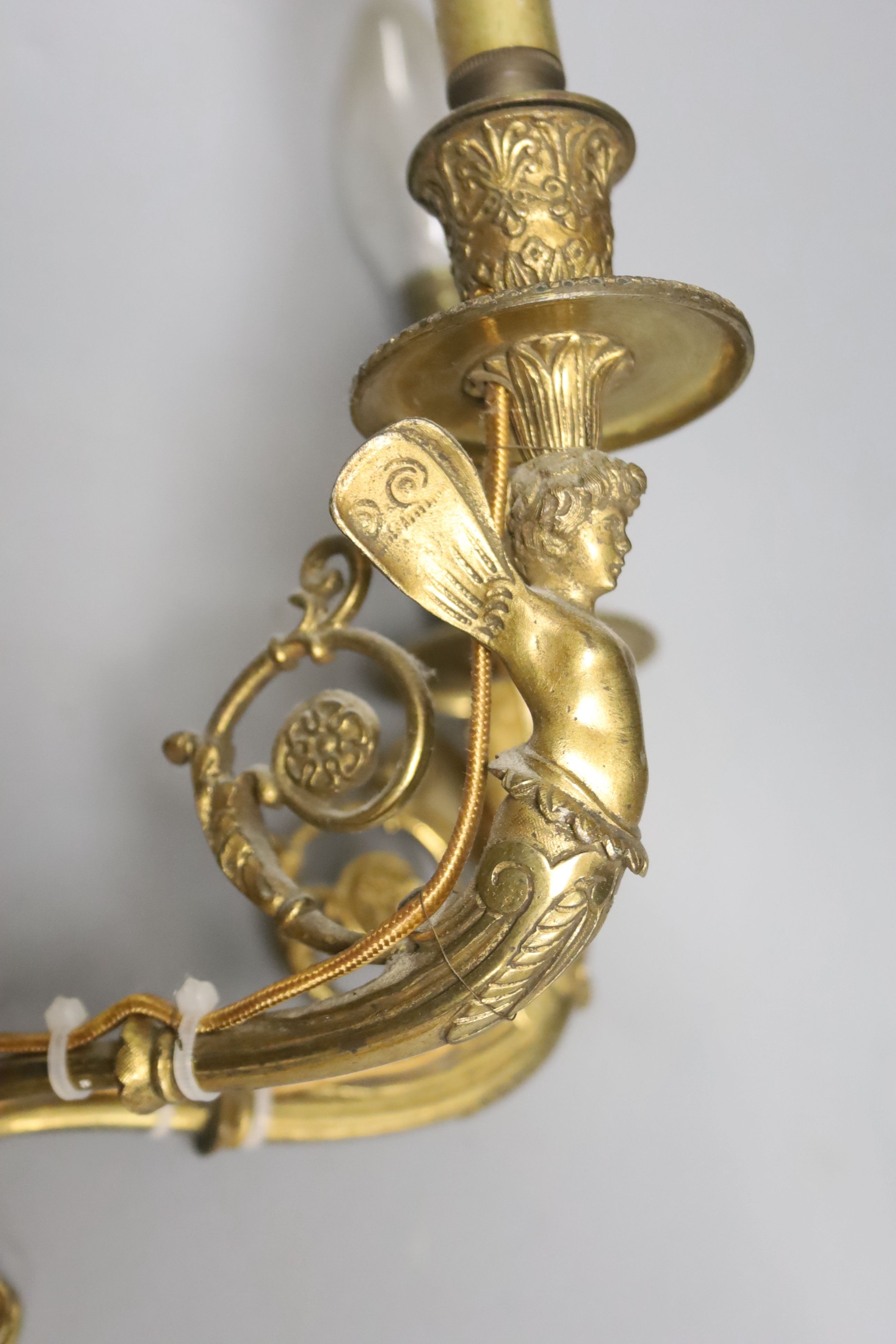 A pair of two branch ormolu wall lights with cherubs, height 42cm